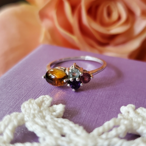 Hand Crafted Jewelry - Natural Multi Tourmaline, Garnet, Amethyst & Topaz 925 Silver Ring Sz 6.75 J-474